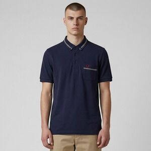 Fred Perry Polo Shirt Mens Small Navy Blue Slim Fit Tipped Pocket Logo M3229